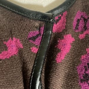 Charter Club S Sweater Brown w Red Flowers Black faux Leather Trim 1 Button
